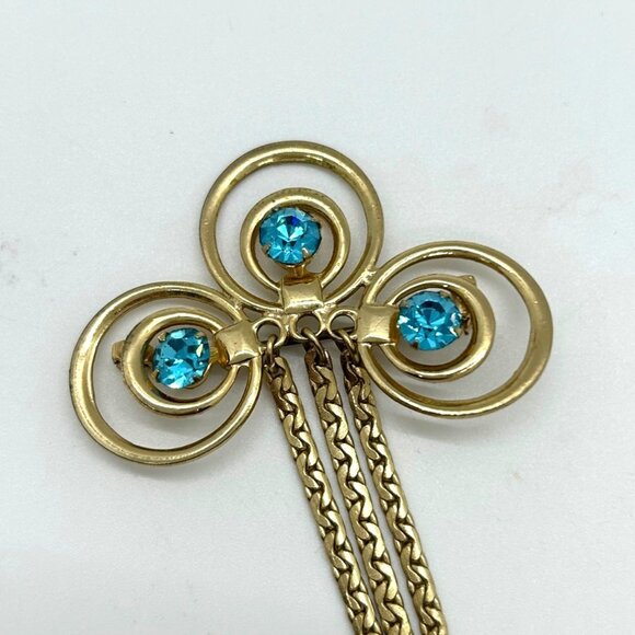 Vintage Gold-Tone Brooch With Aqua Blue Rhinestones & Dangle Chains 1950-60s - Picture 3 of 9